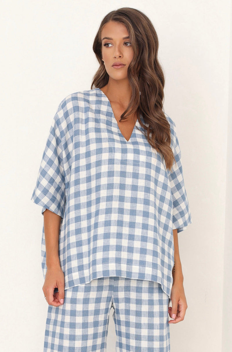 Oversized Linen Top, Boxy Linen Top, blue gingham top women, sustainable clothing, gingham linen top, linen tops, basic summer linen top, blouses linen, linen blouse, linen tshirt, linen clothing, linen clothes, linen clothes women, casual linen