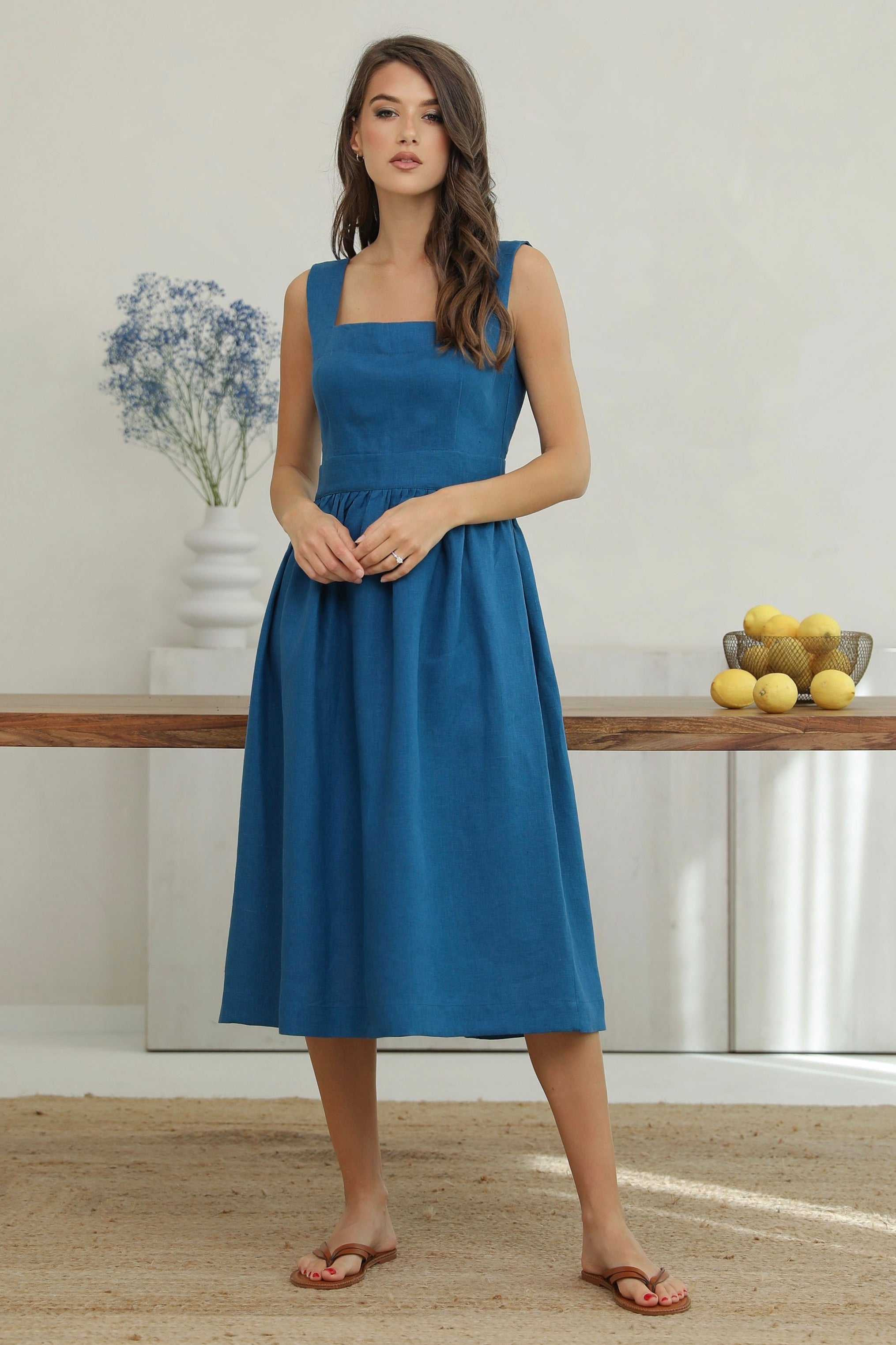 Linen Square Neck Dress in Dark Teal Linen Swan Linen Square Neck Dress in Dark Teal Linen Swan
