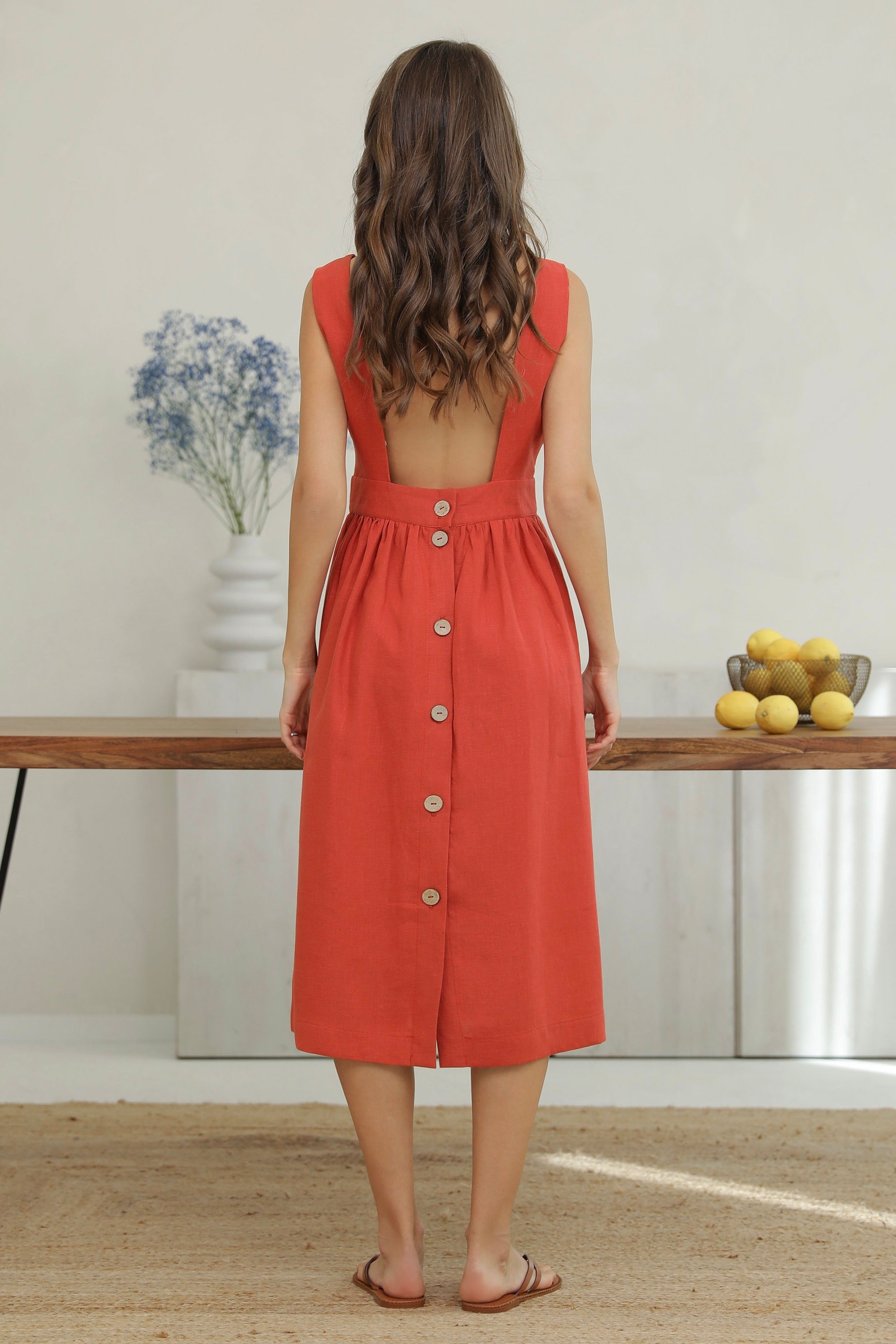 Linen Square Neck Dress in Terracotta Linen Swan Linen Square Neck Dress in Terracotta Linen Swan